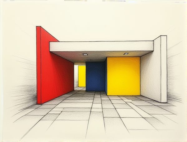 De Stijl Home Design: Primary Color Sliding Partitions for Innovative Manufacturing Spaces