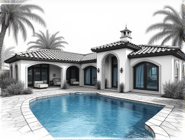 Mediterranean Home Design Featuring Blue Mosaic-Tiled Fountains in Modern Manufacturing