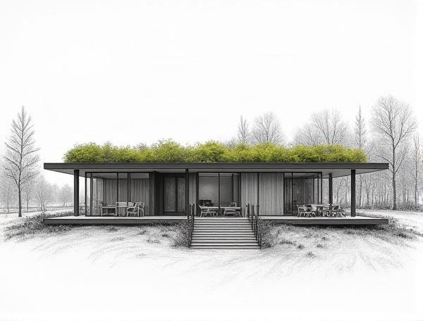 Nordic Minimalism Home Design with Moss Roof Installation in Modern Manufacturing